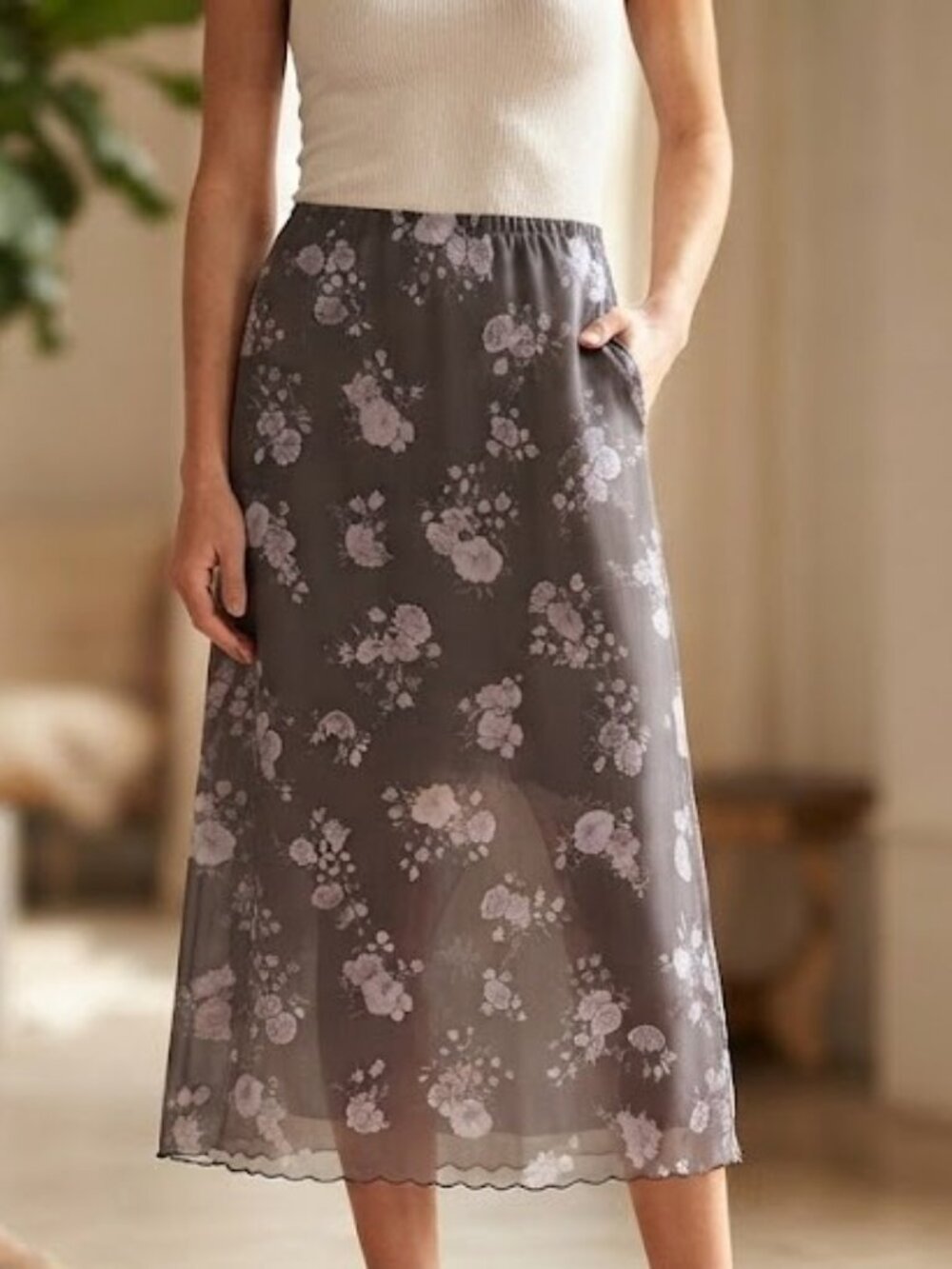 Dark Gray Lavender Bloom Floral Midi Skirt